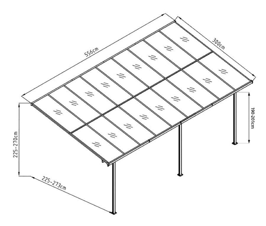 Diagramm einer anthrazitfarbenen Terrassenüberdachung mit einer Breite von ca. 556 cm.