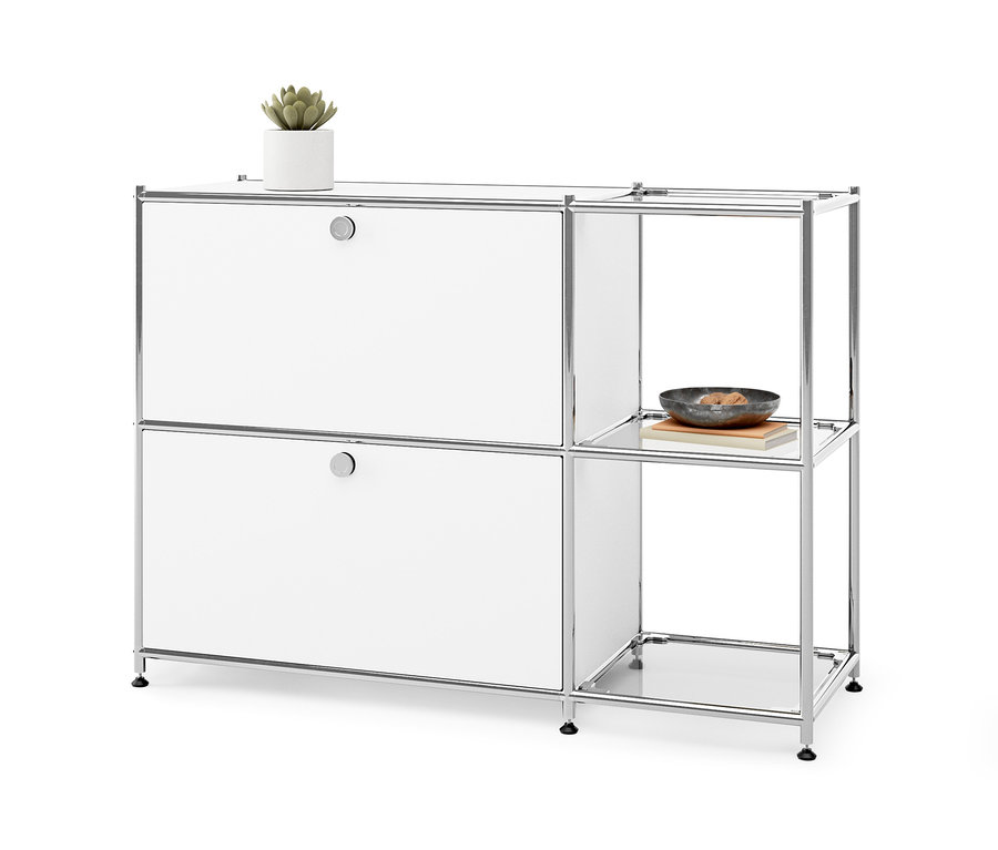Weißes Sideboard Metall »CN3« mit 2 Klappenfächern, darauf eine Topfpflanze.
