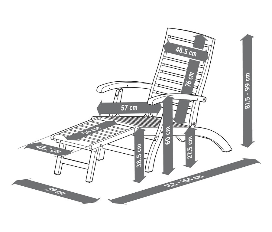 Abmessungen des Deckchairs mit ausziehbarer Fußlehne.