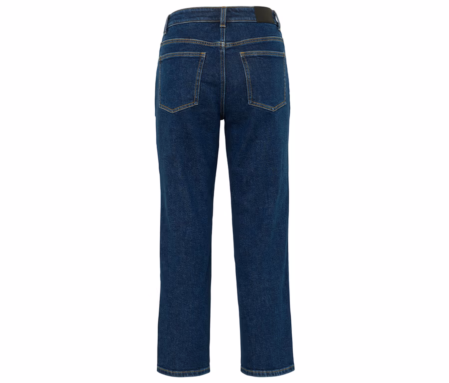 Rückansicht einer dunkelblauen Straight-Leg-Jeans.