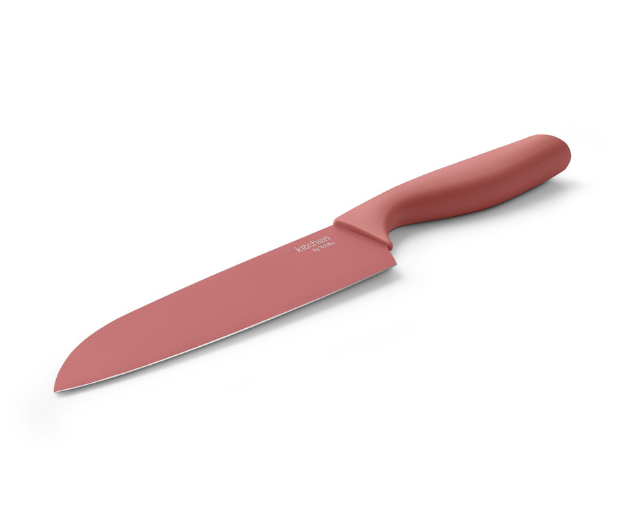Ein Allzweckmesser mit einem bordeauxroten Griff liegt auf einer weißen Oberfläche.