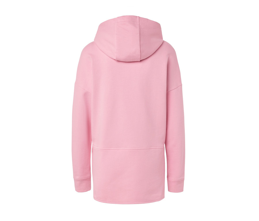 Rückansicht eines langen Kapuzensweatshirts in Rosa.