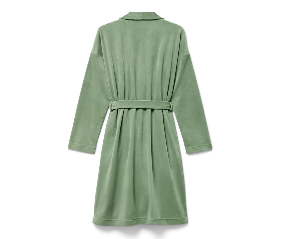 Rückansicht eines hellgrünen Bademantels mit Bindegürtel.
