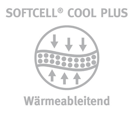 SOFTCELL COOL PLUS Logo. Pfeile zeigen nach oben und unten, was auf Temperaturregulierung hinweist.