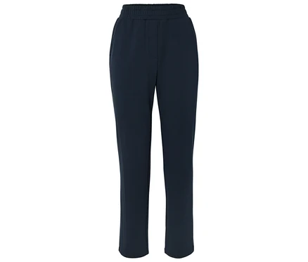 Dunkelblaue Hose mit elastischem Bund.