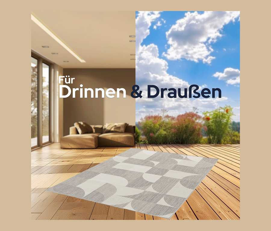 Innen- und Außenbereich mit einem faltbaren Outdoor-Teppich im geometrischen Design.