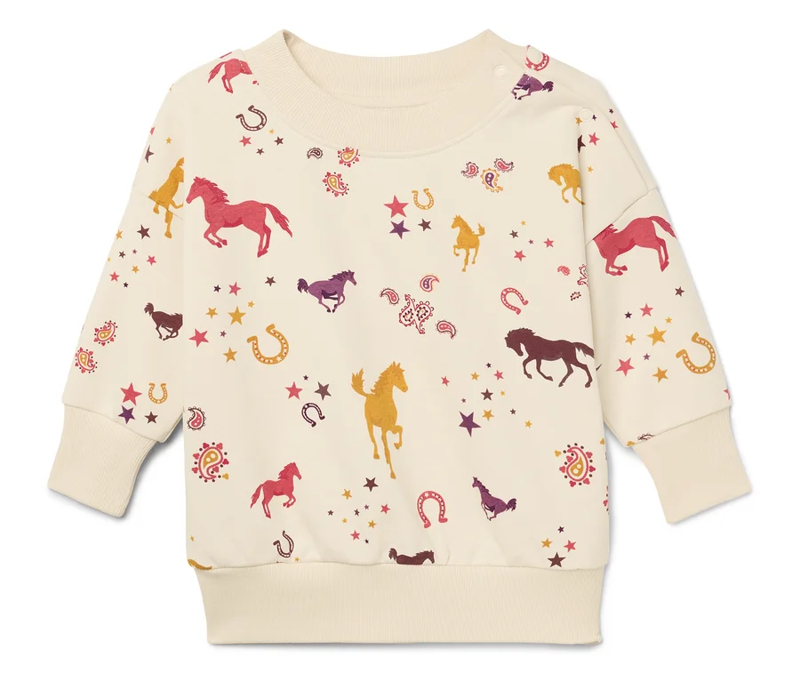 Ein cremefarbener Pullover mit Pferde-, Hufeisen- und Sternenmuster.
