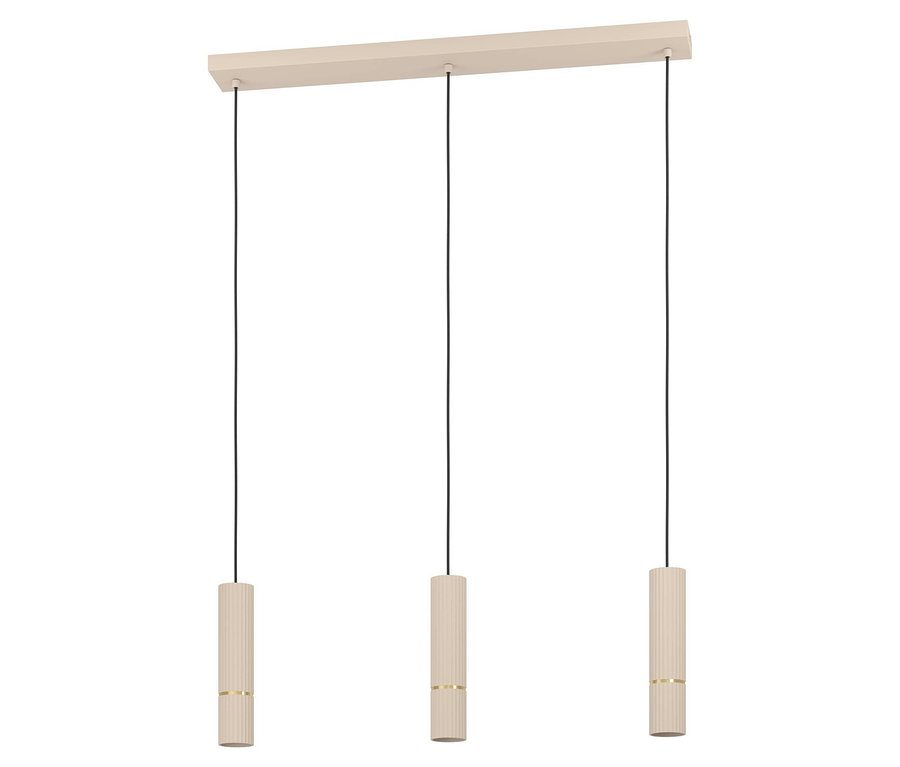 Hängelampe mit drei zylinderförmigen Leuchten in Beige mit schwarzen Kabeln.