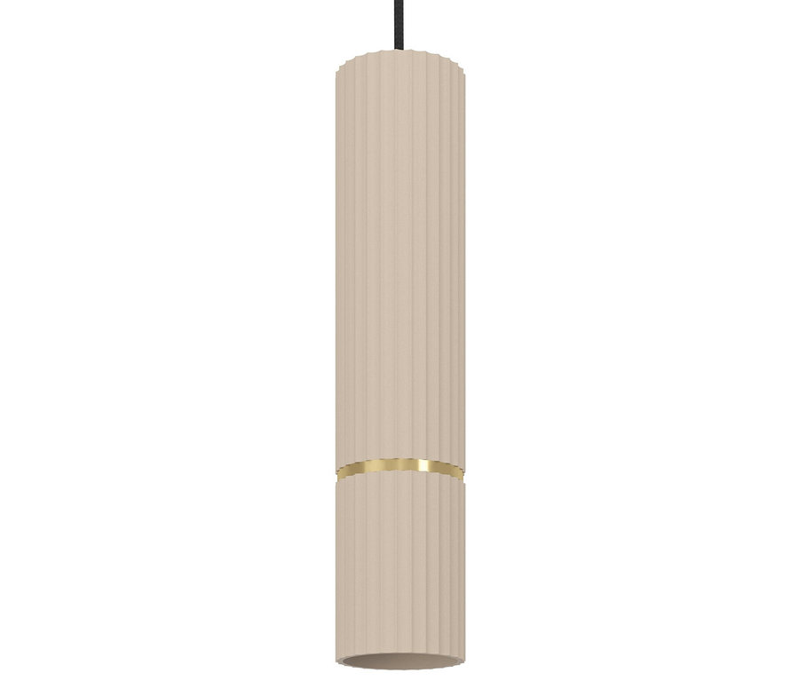 Beige zylindrische Hängeleuchte mit geriffelter Oberfläche und goldenem Streifen in der Mitte.
