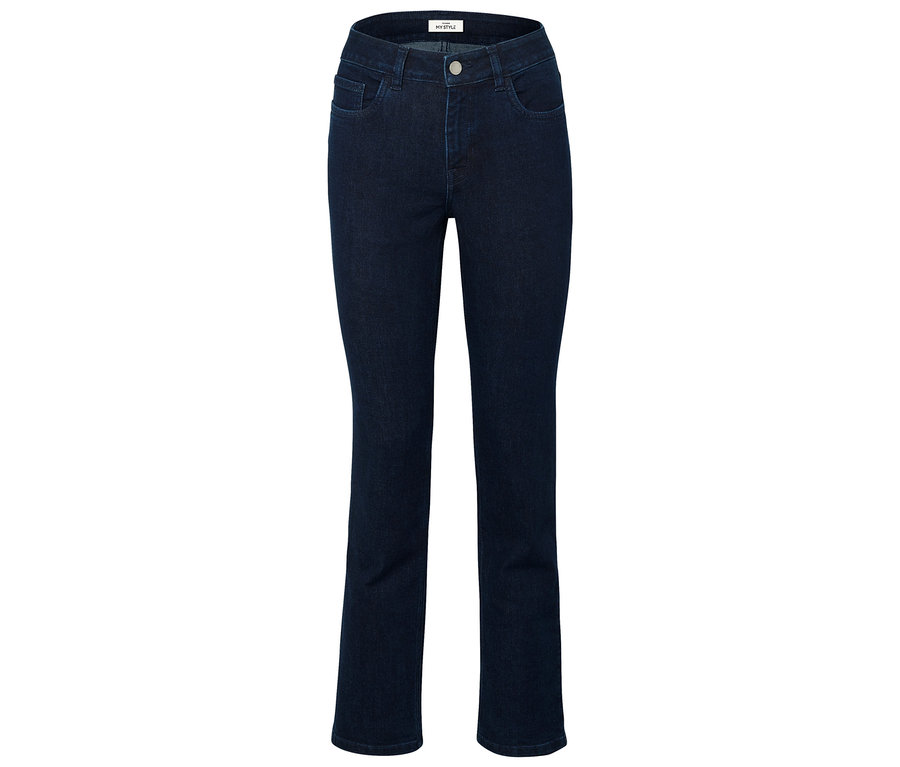 Dunkelblaue Jeans mit geradem Bein.