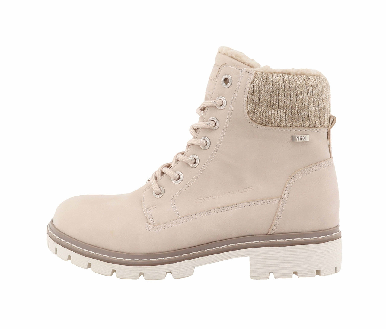Beiger Schnürstiefel mit Strickrand und weißer Sohle.