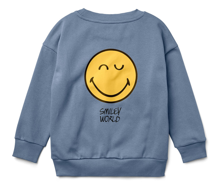 Blaues Sweatshirt mit gelbem Smiley und dem Schriftzug SMILEY WORLD.
