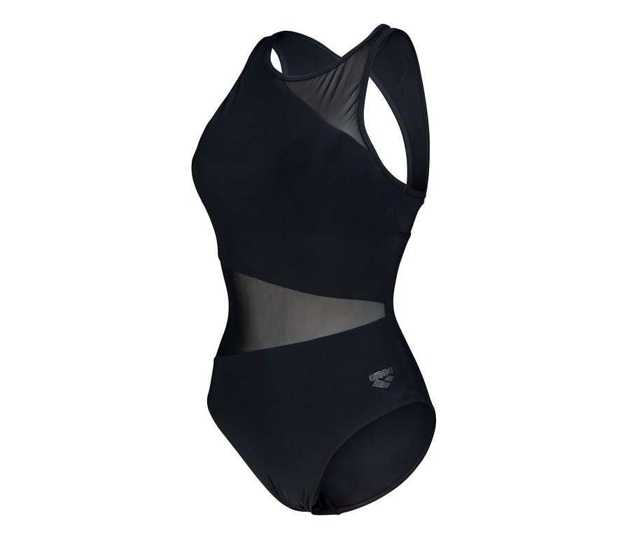 Schwarzer arena Feel Damen Badeanzug Mesh Angle Vent Back.