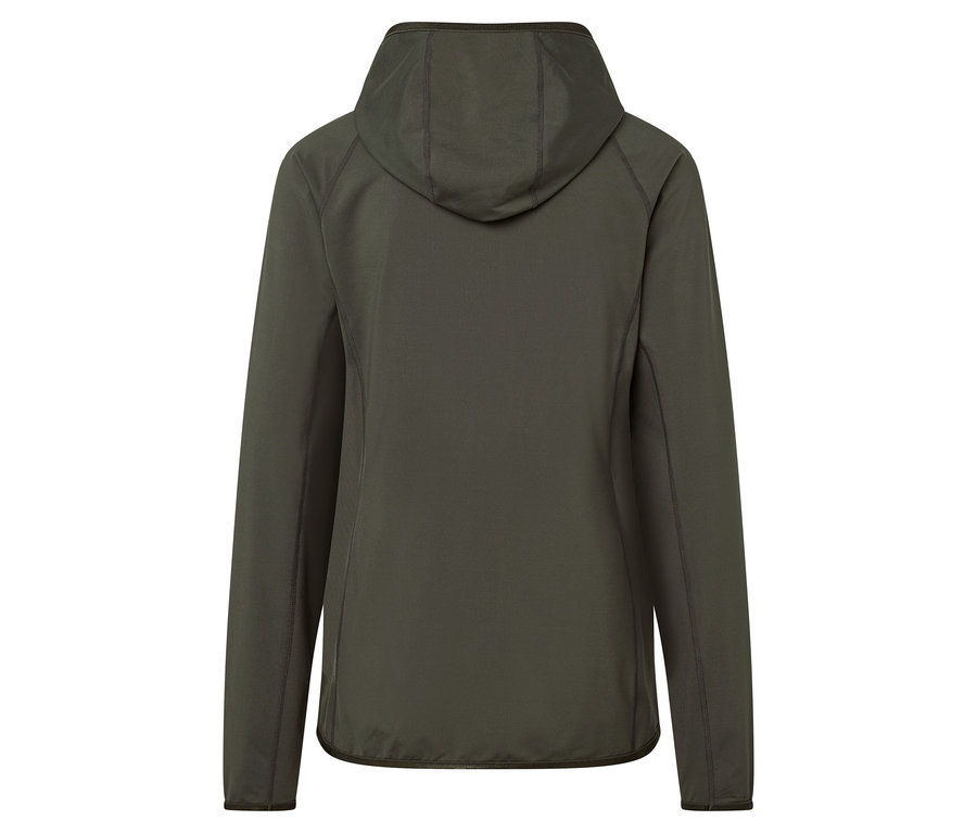 Rückansicht einer olivgrünen Kapuzenjacke.