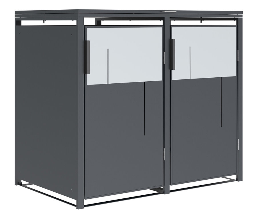 Grauer Abfallbehälter mit zwei Türen und verglastem Oberteil.