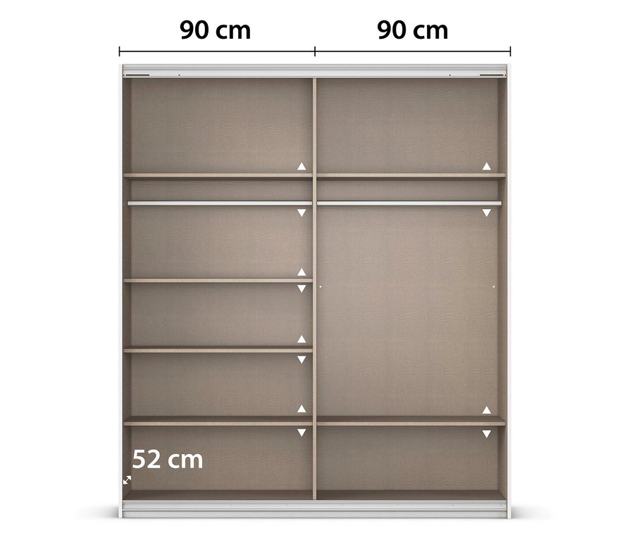 Abbildung eines Kleiderschranks mit Schiebetüren und Innenaufteilung, inklusive der Maße 90 cm für jeden Teil und 52 cm für die Höhe.