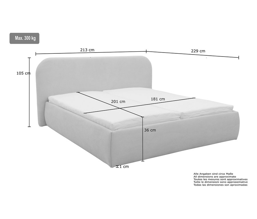 Abmessungen des DOMO collection Polsterbetts, 180 x 200 cm, creme.