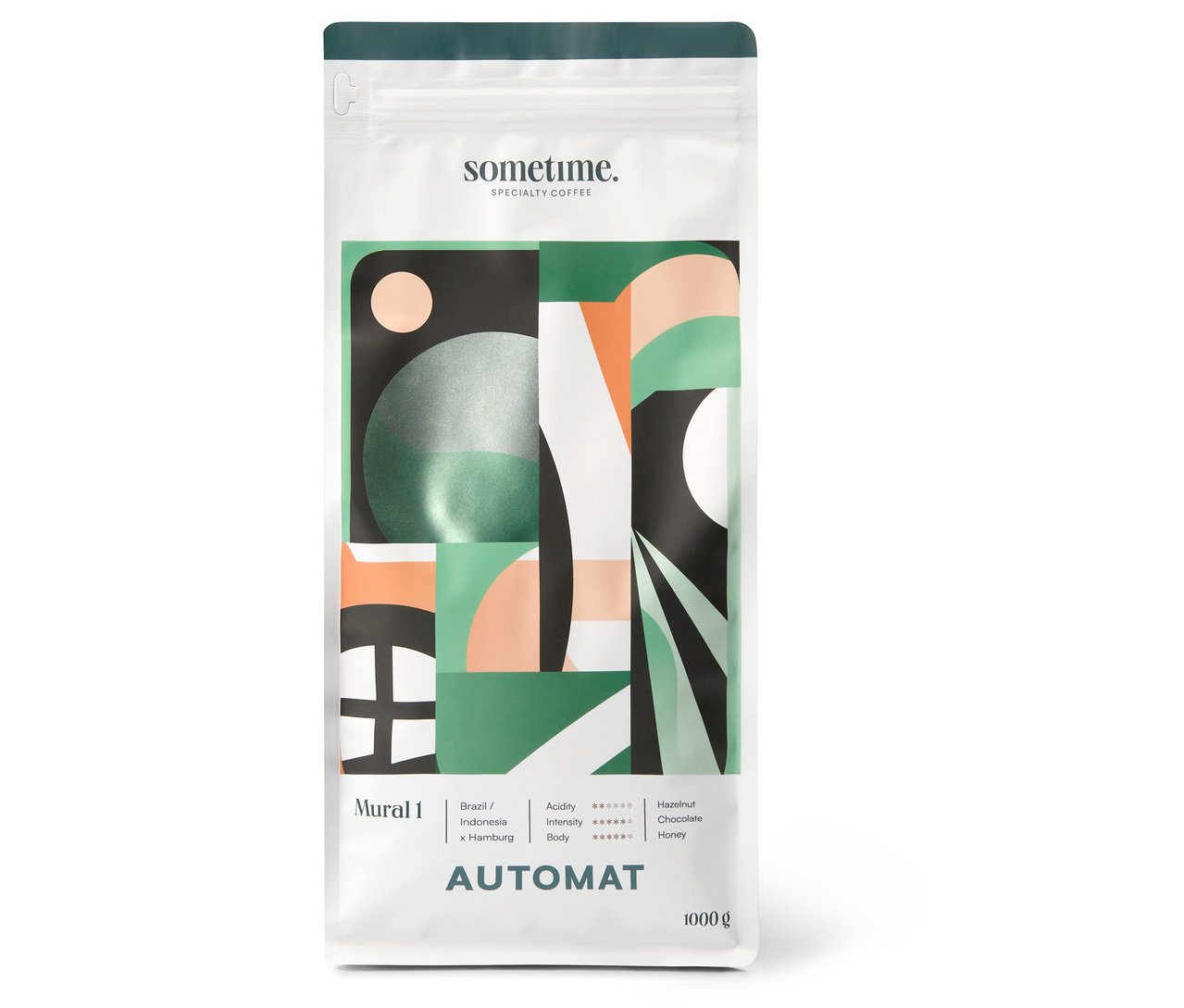 Eine sometime - MURAL 1 Caffè Crema - 1 kg Ganze Bohne Packung. Die Packung zeigt abstrakte Grafiken in Grün-, Braun- und Orangetönen.