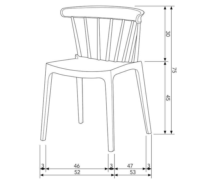 Linienzeichnung eines Stuhls mit Maßen.