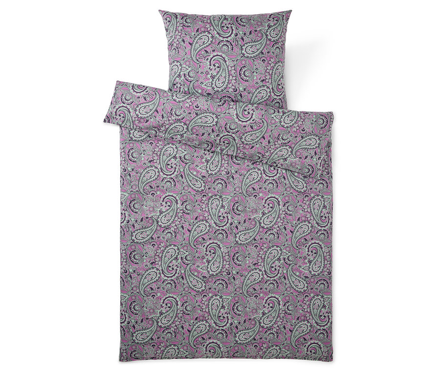 Lila Bettwäsche mit Paisley-Muster, bestehend aus einem Kissenbezug und einem Bettbezug.