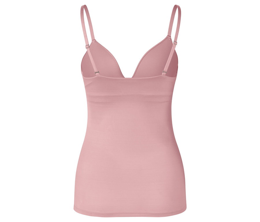 Nahaufnahme der Rückseite eines rosafarbenen Tanktops mit V-Ausschnitt und verstellbaren Trägern.