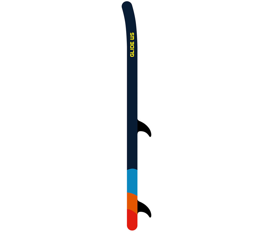 F2 SUP Board »Glide Wing« in Blau mit gelber Aufschrift und farbigen Akzenten. Zwei Finnen sind sichtbar.