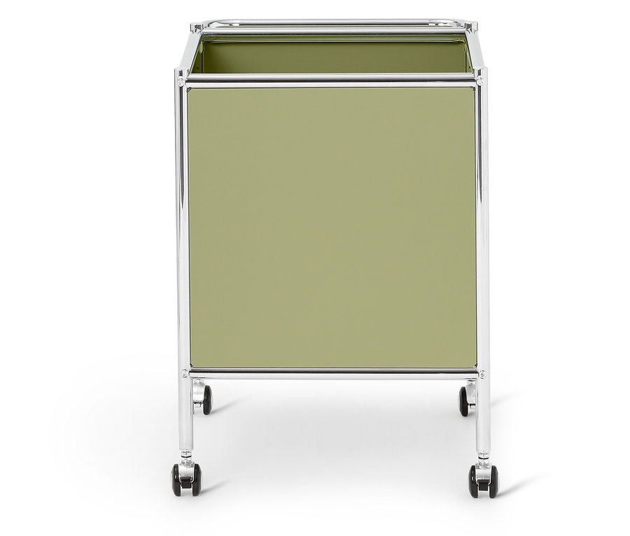 Ein quadratischer, hellgrüner Rollcontainer mit Chromgestell steht auf einem weißen Hintergrund.
