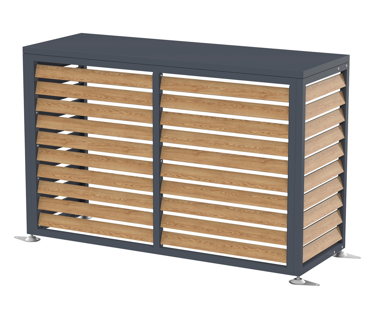 Eine graue Sichtschutzbox mit Holzlatten steht auf einem weißen Hintergrund.