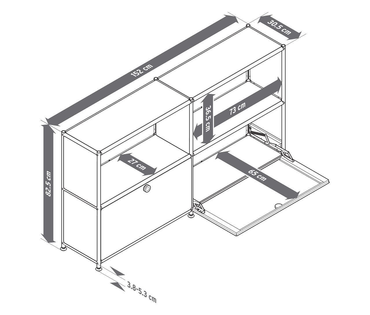 Draufsicht einer schematischen Darstellung eines Metall-Sideboards »CN3 Slim Line« mit zwei versetzbaren Klappenfächern, wobei eines geöffnet ist. Maßangaben sind enthalten.