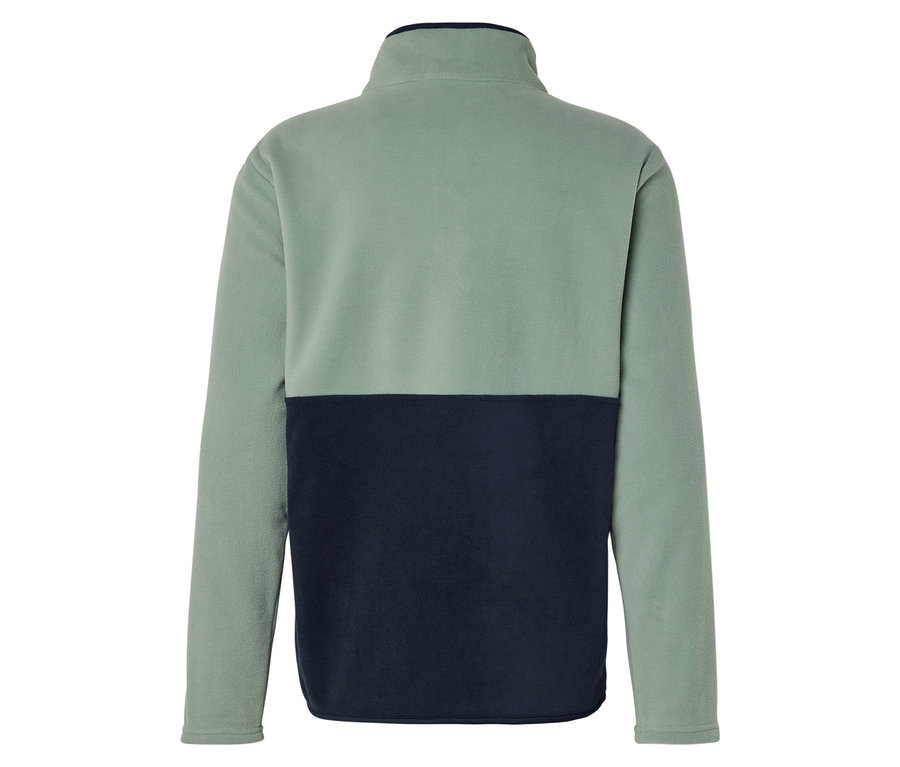 Rückansicht eines zweifarbigen Fleece-Pullovers in Salbei und Marineblau.