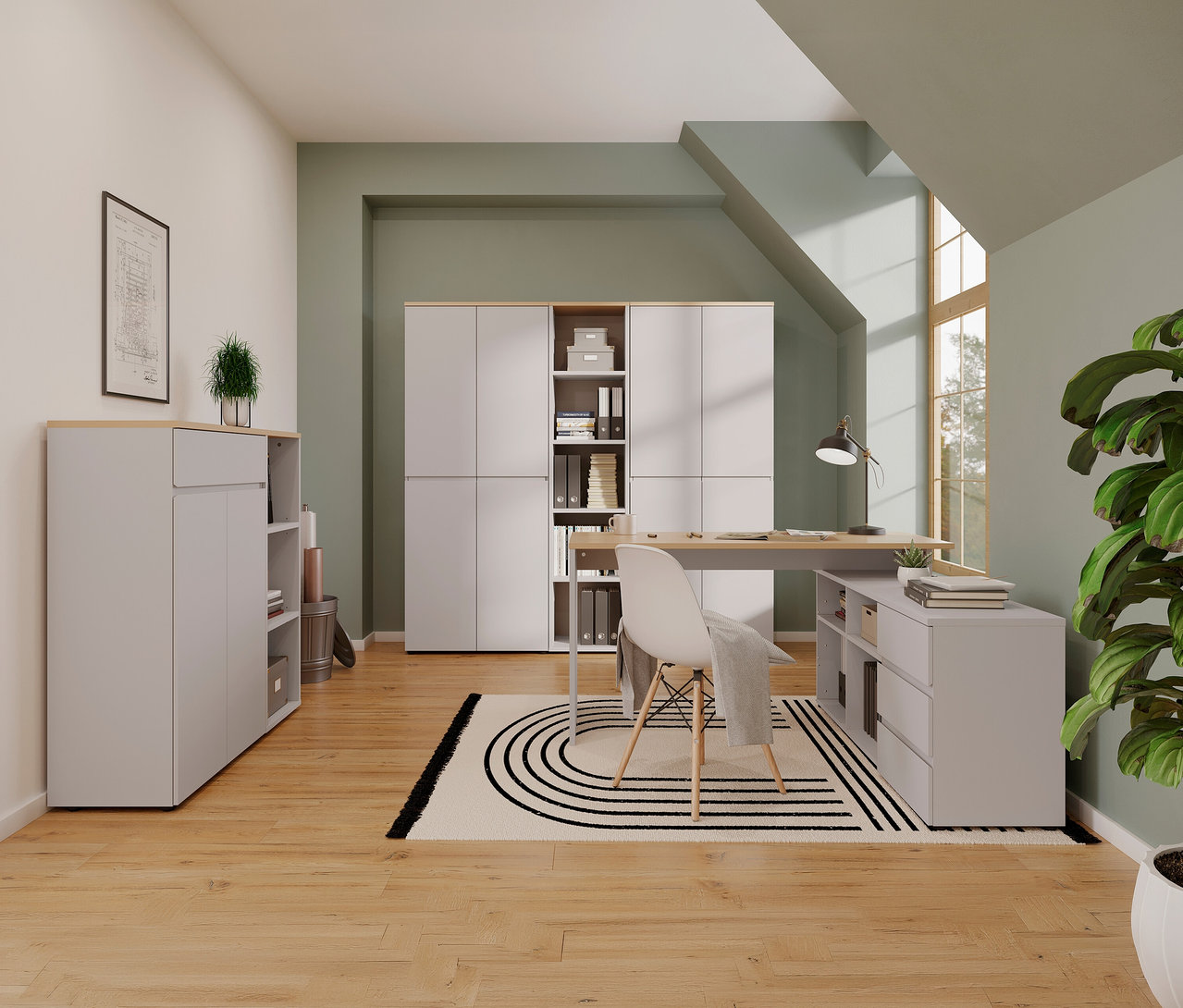 Ein Büro mit Winkelschreibtisch »Lissabon«, kleinem Aktenschrank »Lissabon«, Stuhl, Teppich und Zimmerpflanzen.