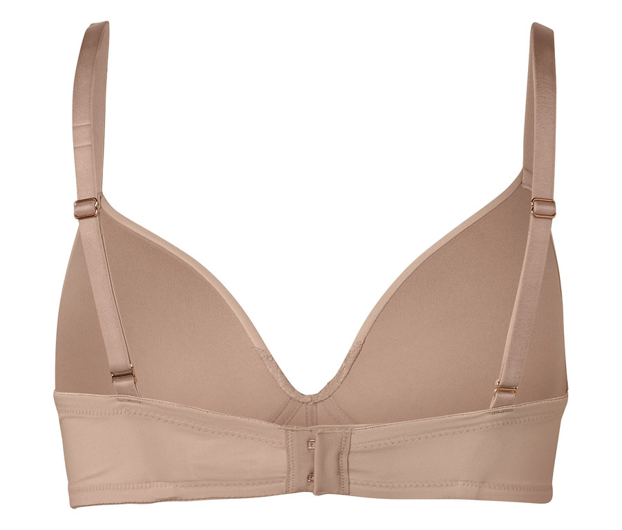 Rückansicht eines hautfarbenen BHs mit verstellbaren Trägern und Hakenverschluss.