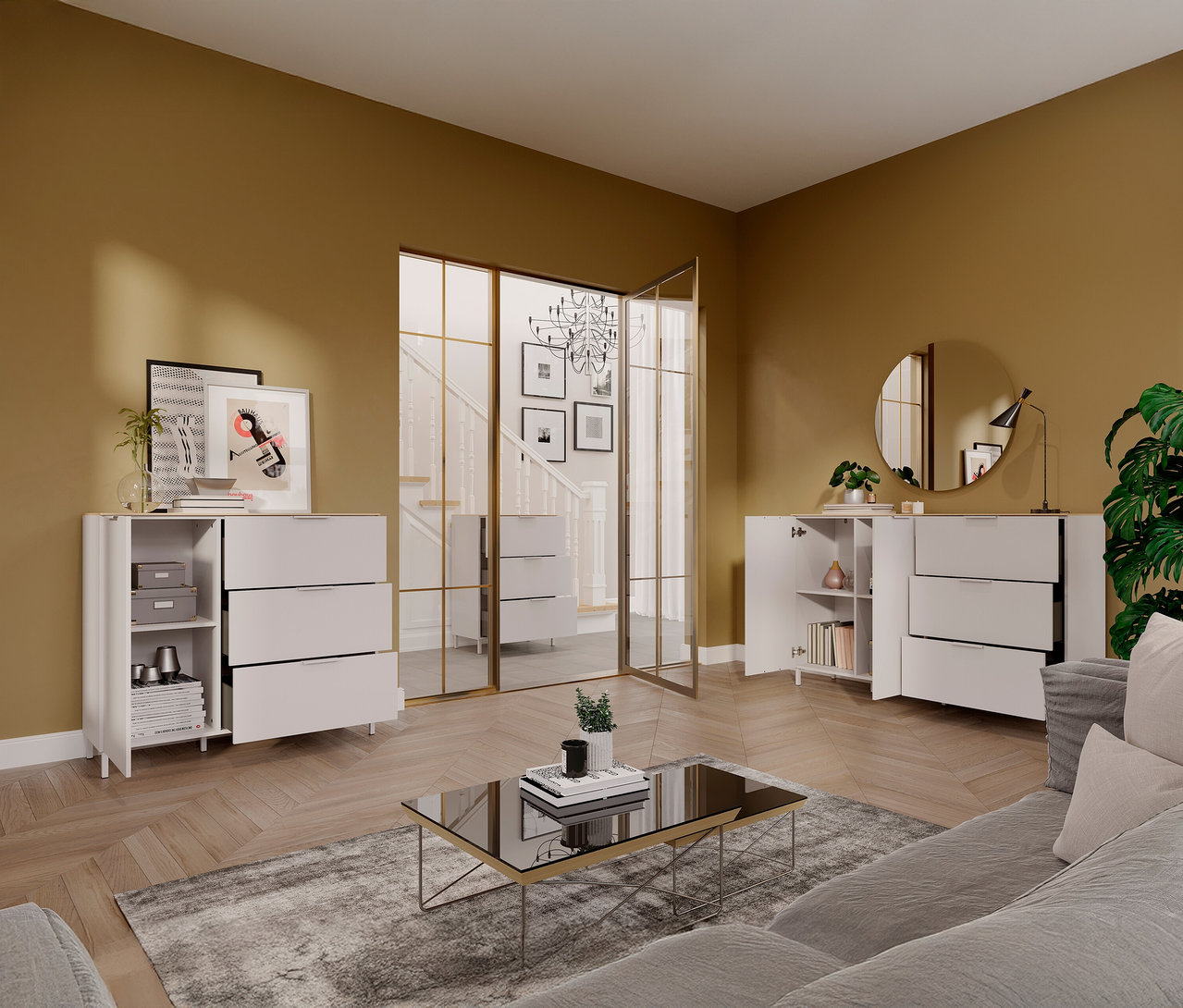 Wohnzimmer mit Kommode »Savoca«, klein, in Kaschmir/Eiche, Couchtisch und Sofa.