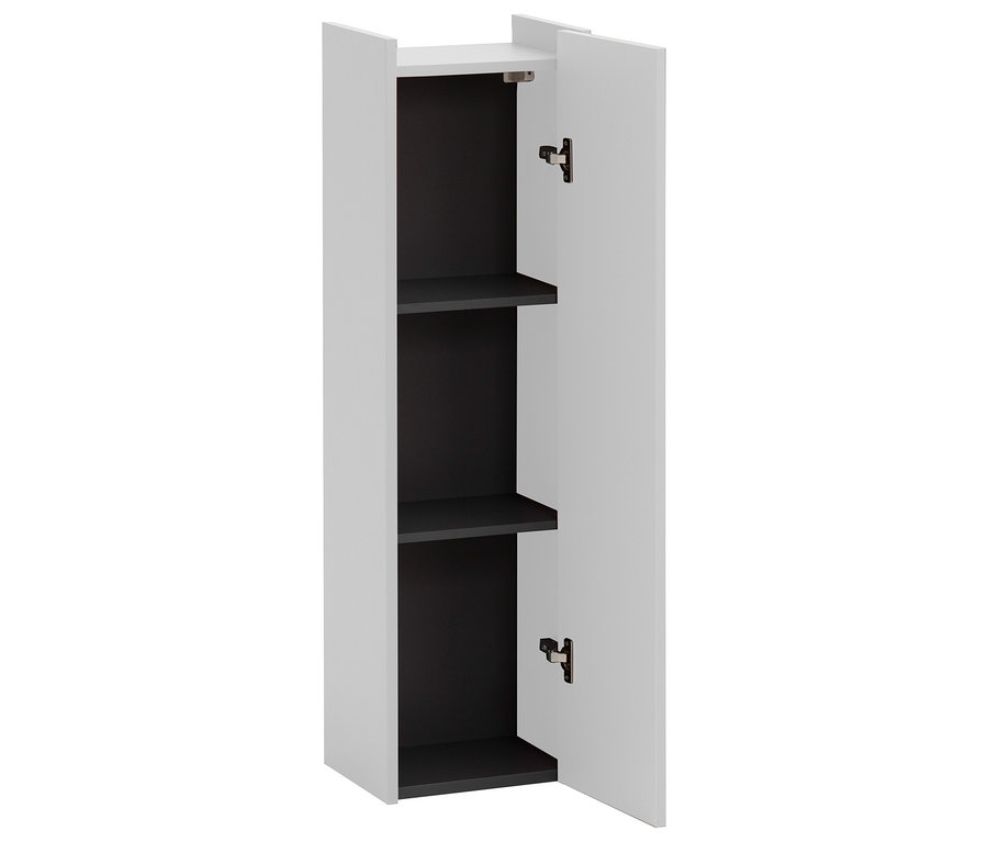 Offener, schmaler, weißer Badezimmerschrank mit drei Regalen und schwarzen Innenwänden.