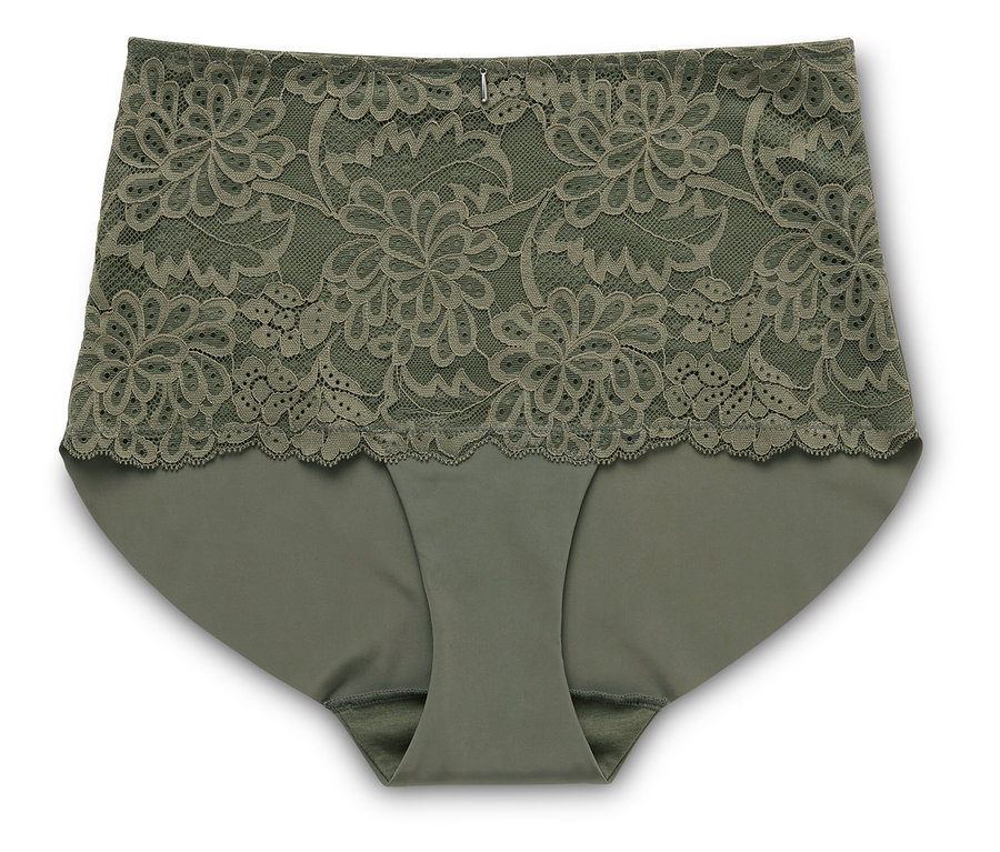 Ein einzelner, grüner Damenslip mit hoher Taille und Spitzenbesatz liegt auf einem weißen Hintergrund.