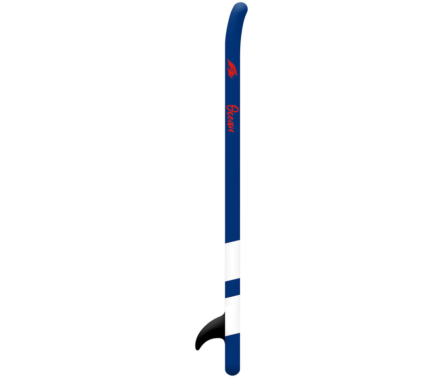 Blaues F2 SUP Board »Ocean Boy« mit weißem Streifen und rotem Logo steht aufrecht.