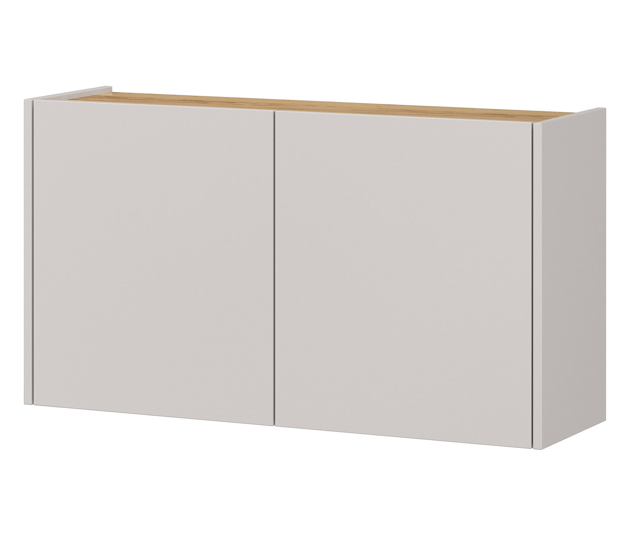 Ein grauer Hängeschrank mit zwei Türen und einer hellbraunen Oberseite.