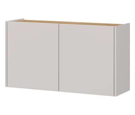Ein grauer Hängeschrank mit zwei Türen und einer hellbraunen Oberseite.