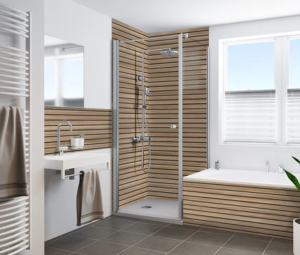 Duschkabine und Waschbecken vor einer Wand mit Breuer®-Rückwand »Scandi« horizontal, ca. 100 x 210 cm, ca. 100 x 255 cm und ca. 150 x 255 cm.