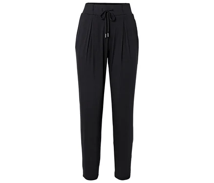 Schwarze, lange Stoffhose mit Kordelzug.