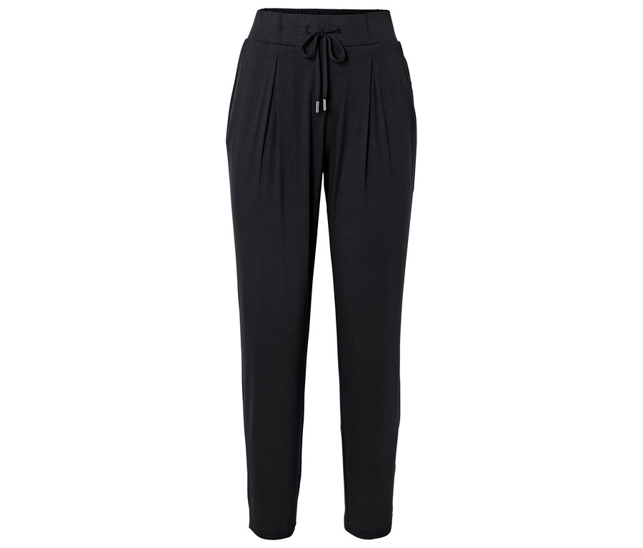 Schwarze, lange Stoffhose mit Kordelzug.