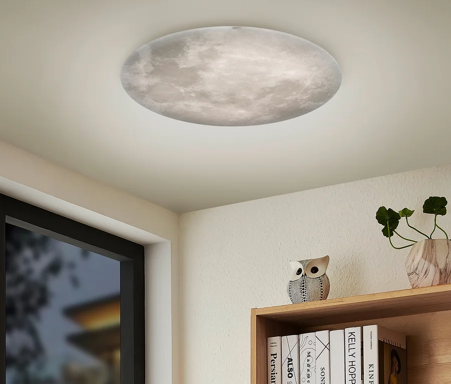 Eine runde Deckenleuchte mit Mondoberflächenstruktur beleuchtet eine weiße Decke. Darunter ein Fenster und ein Holzregal mit Büchern, einer Eulenskulptur und einer kleinen Pflanze.