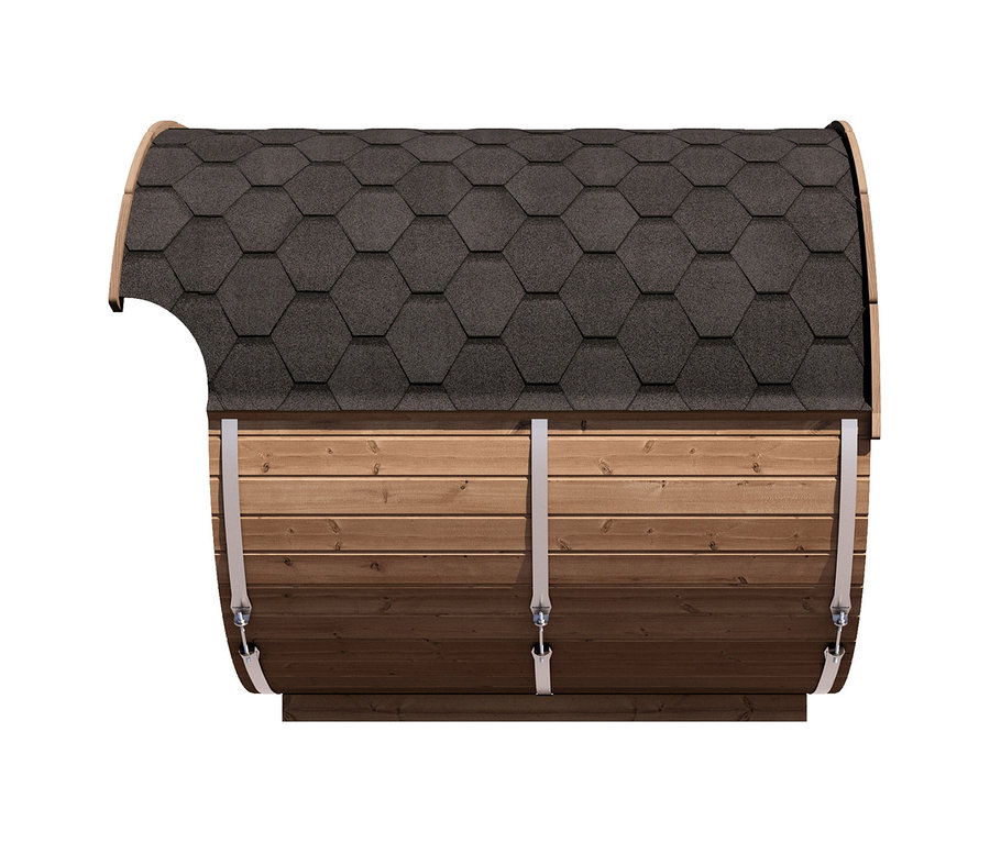 Weka Thermoholz-Saunahaus »Keila« aus hellbraunem Holz mit dunkelgrauem Schindeldach, gesichert mit zwei hellen Gurten, auf einem Holzsockel.