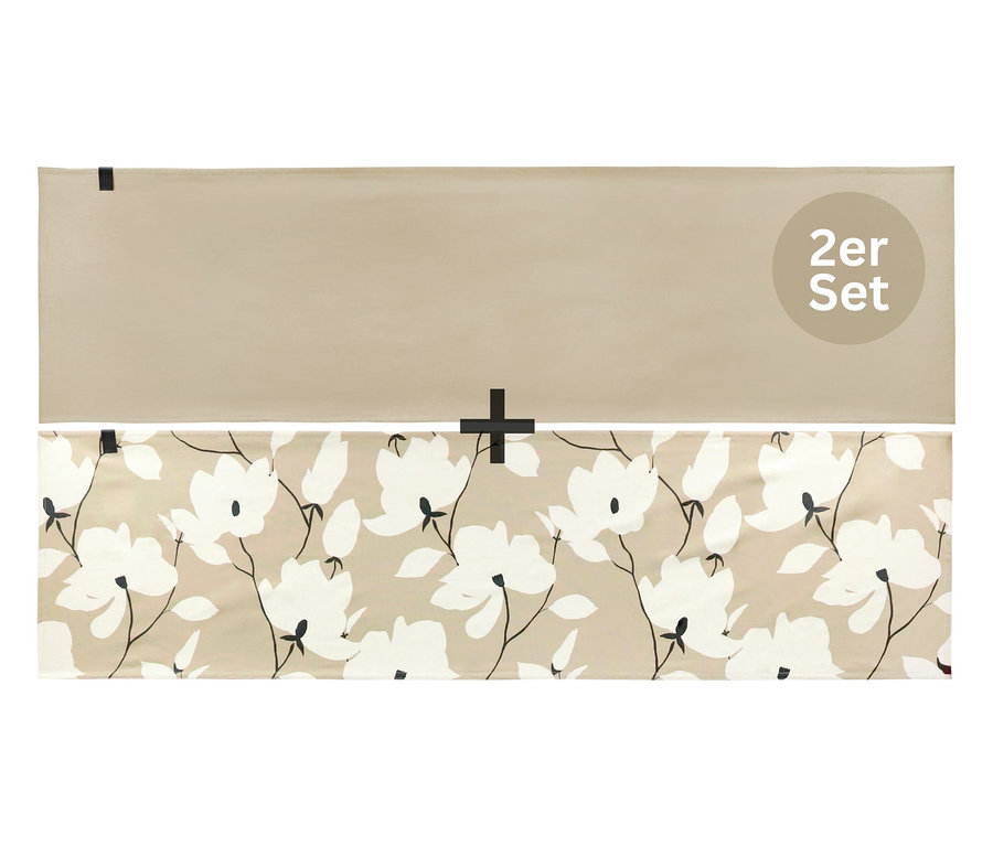 Zwei rechteckige Stoffstücke, eines einfarbig beige und das andere beige mit weißem Blumenmuster, werden als Set zusammen gezeigt.