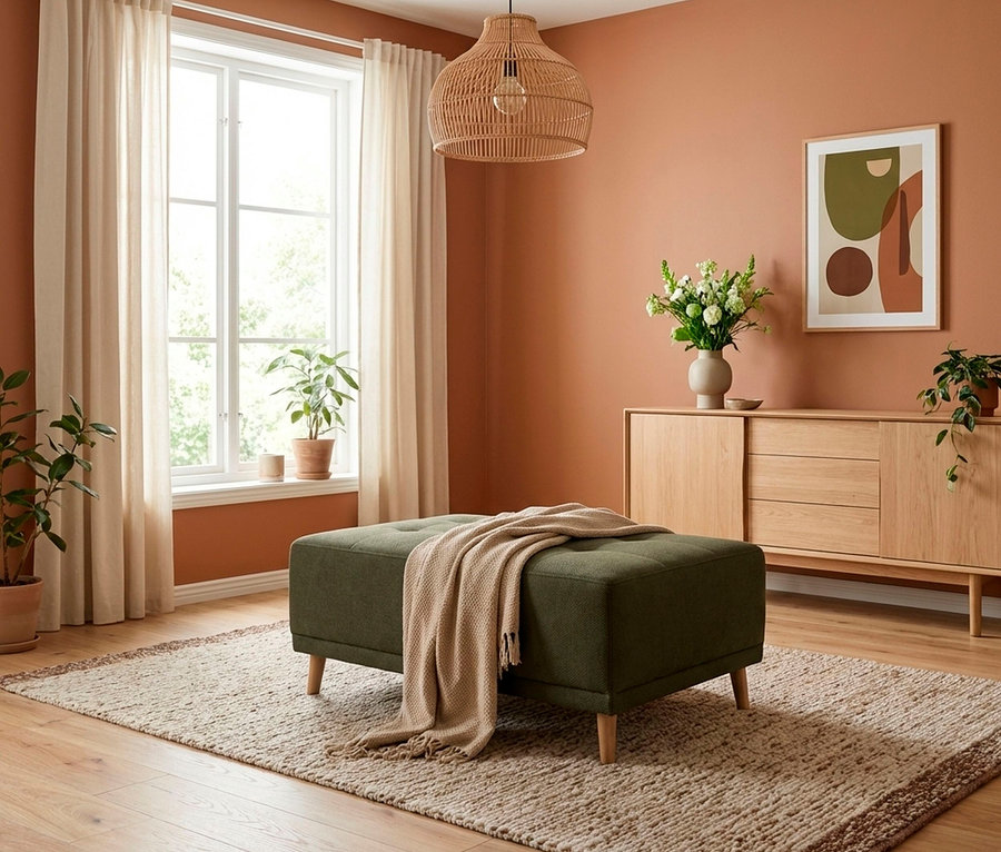 Ein Wohnzimmer mit terrakottafarbenen Wänden. In der Mitte steht ein dunkelgrüner Polsterhocker mit einer beigen Decke. Links ein Fenster mit hellbeigen Vorhängen und Topfpflanzen. Rechts ein helles Holz-Sideboard mit Blumen und einem abstrakten Bild darüber. Ein großer heller Teppich liegt auf dem Holzboden, und eine Rattan-Pendelleuchte hängt von der Decke.