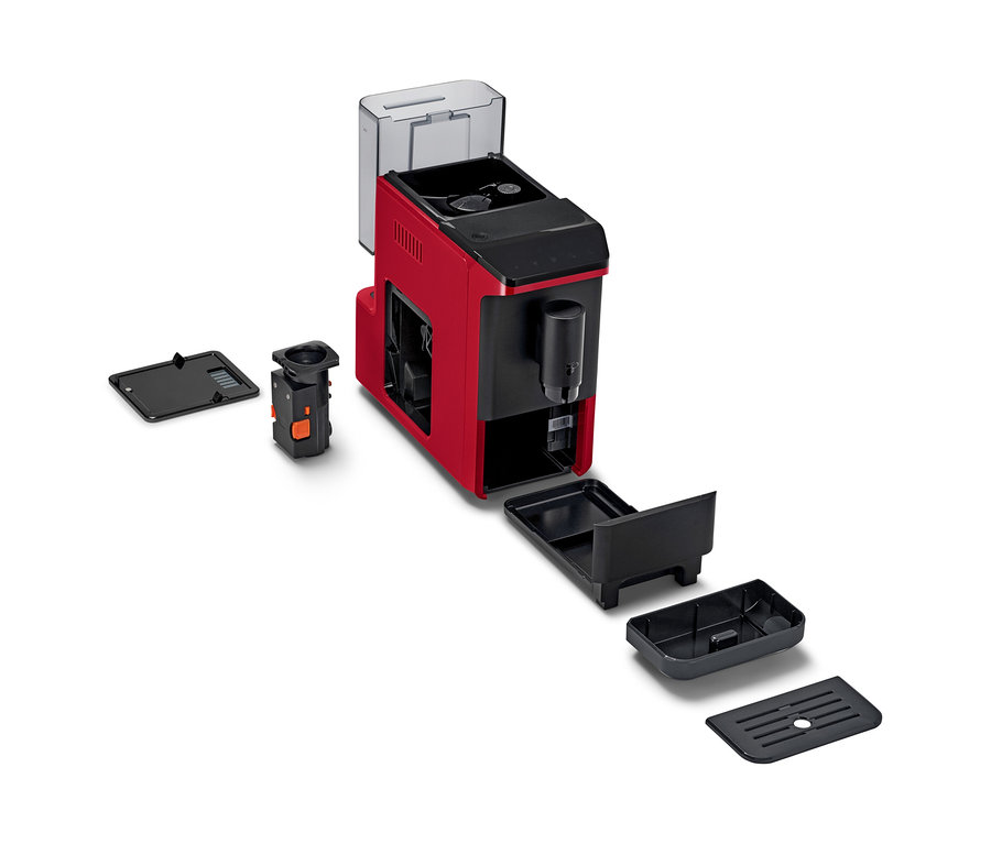 Roter "Esperto mini" Kaffeevollautomat, teilweise zerlegt, mit separatem Wassertank, Brühgruppe und Abtropfschalen auf weißem Hintergrund.