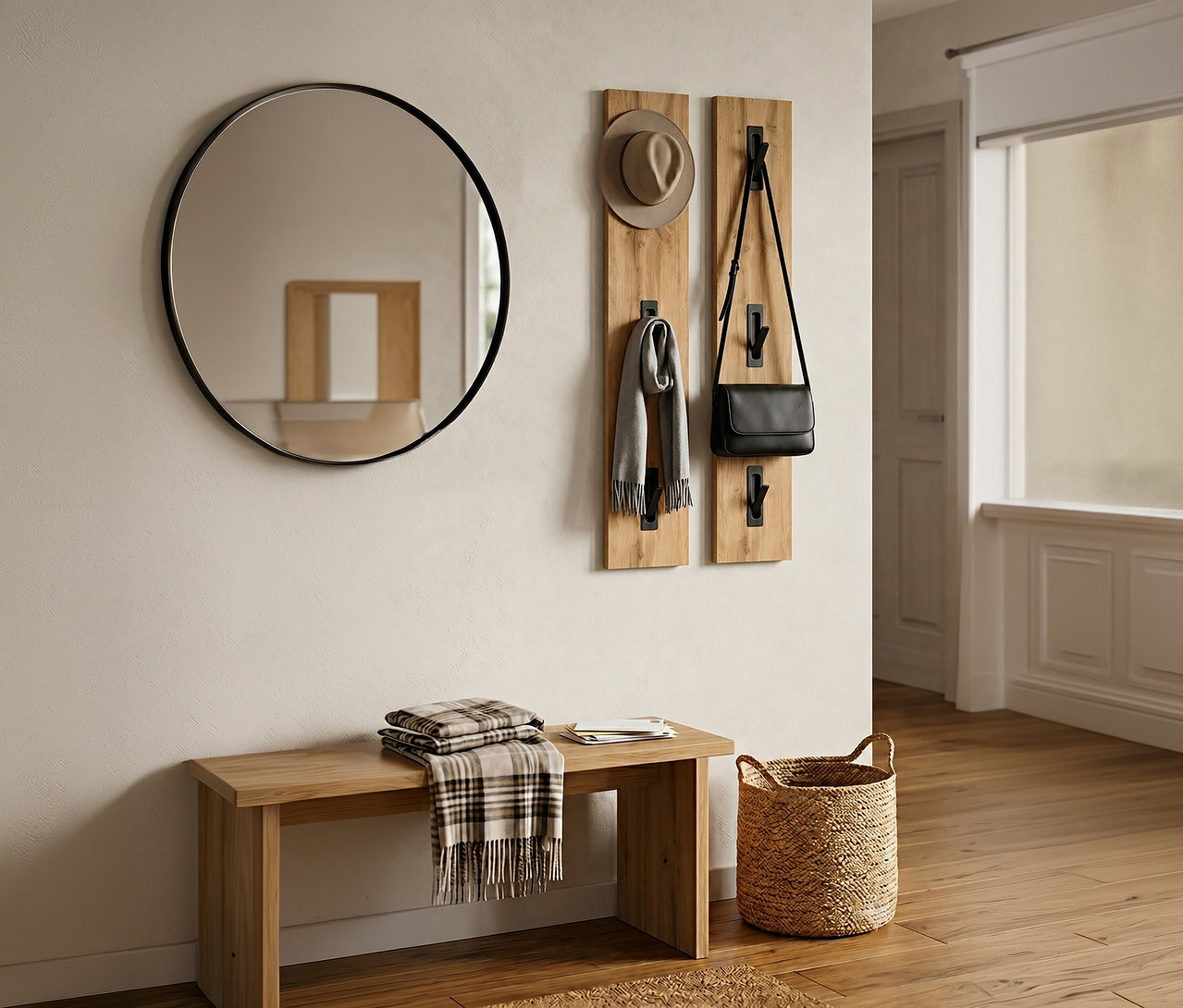 Eingangsbereich mit rundem Spiegel an weißer Wand über einer Holzbank mit karierter Decke und Papieren. Rechts daneben hängen an zwei Holzgarderoben ein Hut, ein grauer Schal und eine schwarze Handtasche. Ein geflochtener Korb steht auf dem Holzboden.