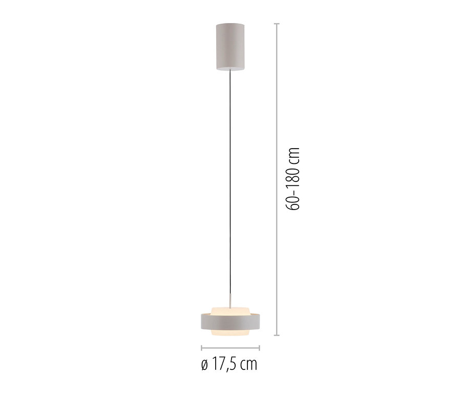 Eine hellgraue Pendelleuchte mit zylindrischer Deckenhalterung, dünnem Kabel und einem Schirm aus zwei Ringen mit lichtdurchlässigem Bereich. Durchmesser 17,5 cm, Höhe 60-180 cm.