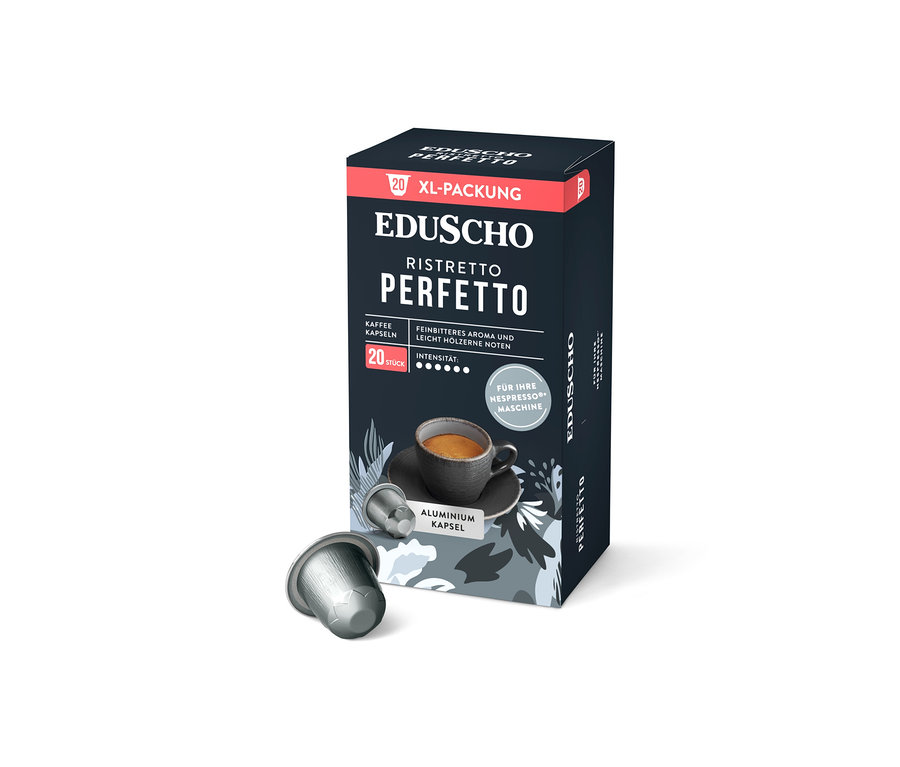 Eine Packung Eduscho Ristretto Perfetto Kaffeekapseln mit einer Aluminiumkapsel im Vordergrund.