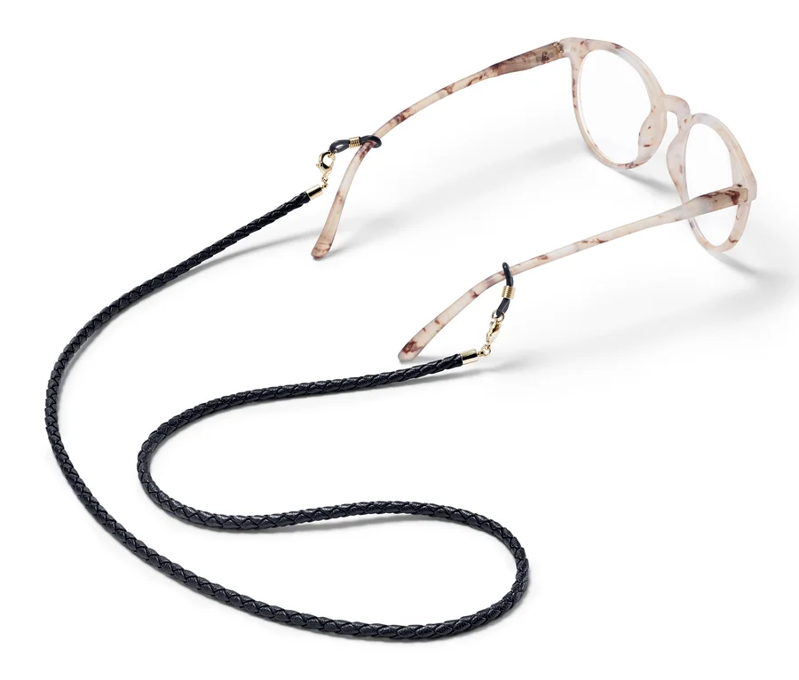 Beige Brille mit schwarzer Multifunktionskette.